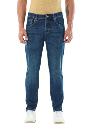 SNITCH Men Casual Jeans | Slim Fit Blue Mid Rise Streetwear Style | Durable Cotton Blend with Smooth Texture & Medium Stretch for Everyday Comfort