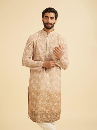Manyavar Men's Cotton Blend Printed with Thread Embroidery Kurta Pajama Set (Fawn,XXL)