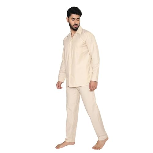 Tatwam FILAFIL Cotton RICHED with Polyester Mens Nightsuit with Fully Elastic Pajama and Buttoned Full Sleeve TOP Size-L,L.Fawn