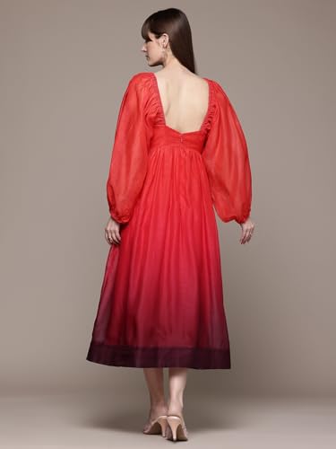 Label RITU KUMAR Square Neck Full Sleeves Ombre Long Dress Red