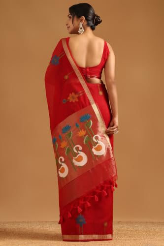 Soch Womens Red Tissue Botanical Zari Woven Saree
