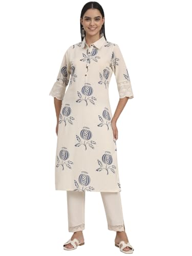 Divena Off White Floral Cotton A-Line Kurta (DBK1456)