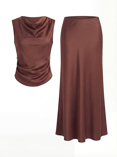 MeeDee Satin Draped Co-ord Set, Chocolate Brown