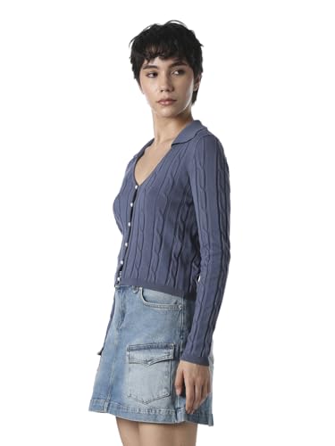 ONLY Women's Self Design Slim Fit Blue Sweater