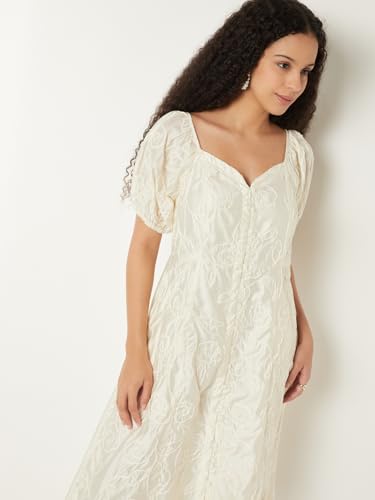 Max Kalki x Max Women Embroidered A-line Midi Dress (White_M)