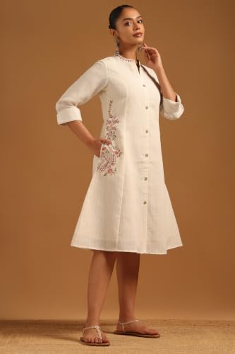Soch Womens Off White Cotton Striped Dress with Zari Embroidery