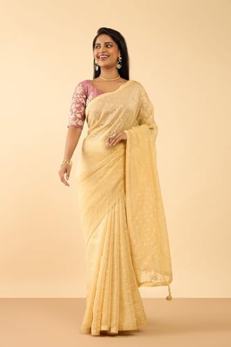 Taneira Women Beige Woven Viscose Tissue Saree with Unstitched Blouse Piece (SAPP01AA0589-Beige)