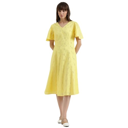 United Colors of Benetton Regular Fit V-Neck Schiffli Embroidered Dress (Size : M) - 26P4WVNDRS83I1G3 Yellow