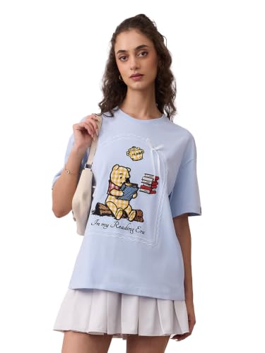 The Souled Store Winnie The Pooh: Reading Era Women and Girls Short Sleeves Round Neck Light Blue Embellished Cotton Oversized Breathable Comfortable Summer T-Shirts