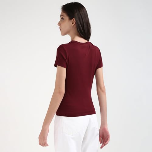 Tommy Hilfiger Wine Cotton Solid Women Slim Fit T-Shirt