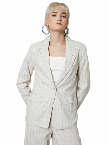 Max Women Striped Regular Fit Blazer (Beige_S)