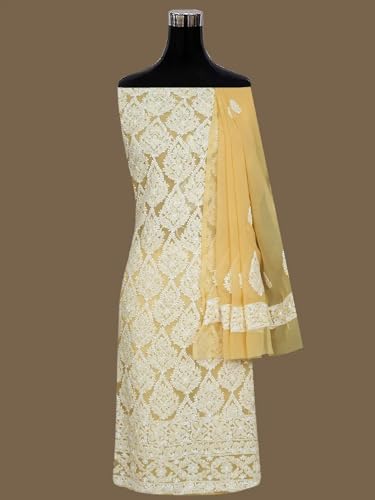 Ada Hand Embroidered Lucknowi Chikankari Unstitched Georgette Dress Material Suit Piece with Dupatta for Women 01A835660 Fawn