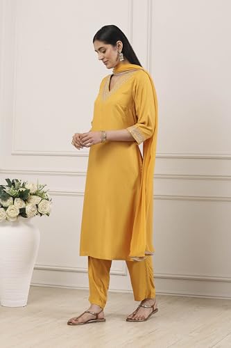 Biba Women Yellow Viscose Rayon Straight Suit Set_42