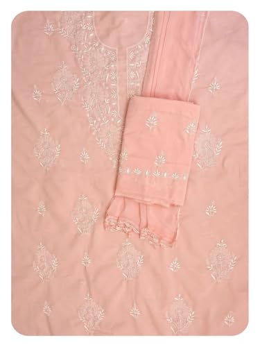 Ada Hand Embroidered Lucknowi Chikankari Unstitched Cotton Dress Material Suit Piece with Dupatta for Women 01A762929 Pastel Peach