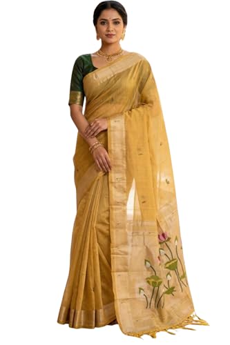 SGF11 Women's Cotton Linen Soft Silk Saree With Unstitched Blouse Piece (Yellow)