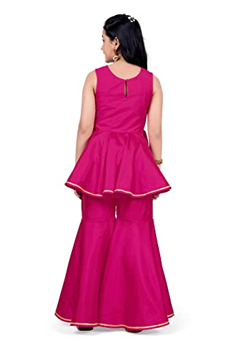 Fashion Dream Girl's Silk Blend Top With Sharara Set (FDGSET00028 PNK 36_Pink_11 Years-12 Years)