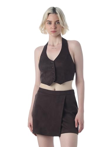 ONLY Women's Solid Regular Fit Brown Waistcoat