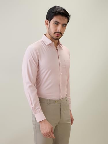 Raymond Men Contemporary Fit Structure Pattern Bamboo Polyester Blend Semi Cutaway Collar Full Sleeve Formal Shirt Orange