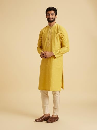Manyavar Men's Blended Viscose Mirror Work Festive Kurta Pajama Set (Mustard,S)