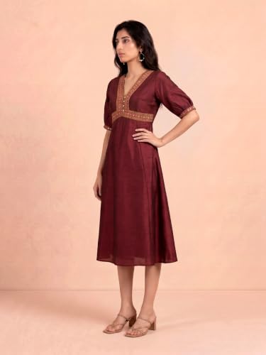 Aarke Ritu Kumar Wine Plum Tree Midi Dress with Belt