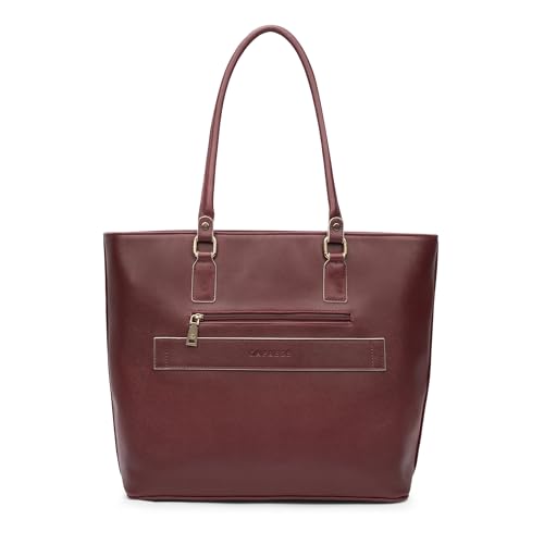 Caprese Lexi Large Laptop Tote Bag for Women | Solid Faux Leather Shoulder Handbag with Zipper Closure | External Eyewear/Sunglass Charm Case | Perfect for Office & Travel Use (Cherry Lacquer)