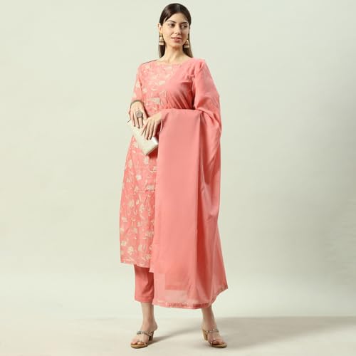 Biba Women Blush Pink Printed Straight Kurta Regular Pants Suit Set_46