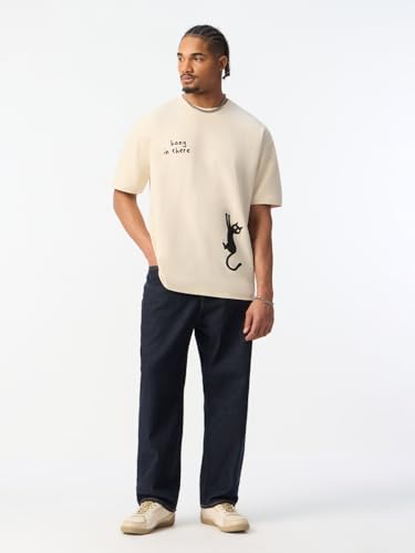 The Souled Store The Happy Pawdcast: Hang in There Men and Boys Short Sleeves Round Neck Cream Graphic Printed Cat Casual Lightweight Drop Shoulder Streetwear Trendy Oversized T-Shirts