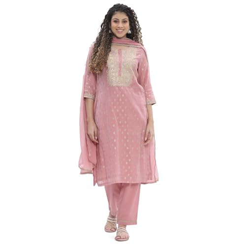 BIBA Women Dull Pink Embroidered Straight Suit Set_44