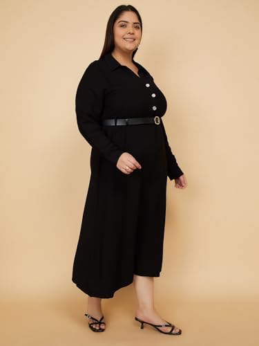 Max Women Solid Shirt Dress with Belt(Black_3XL)