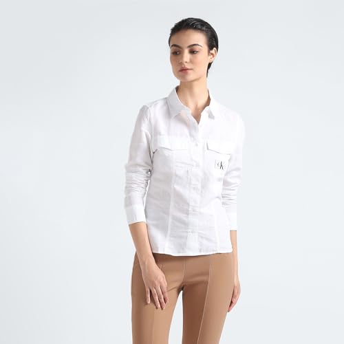 Calvin Klein Linen White Solid Spread Collar Full Sleeve Women Shirt (XXL)