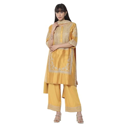 Biba Women Ochre Yellow Cotton Silk Straight Kurta Set_38