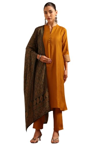Soch Womens Mustard Silk Blend Botanical Pattern Zari Embroidery Salwar Suit