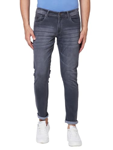 Giordano Mens Mid Rise Stretchable Solid Button Closure Clean Look Cotton 5 Pockets Slim Fit Jeans Grey
