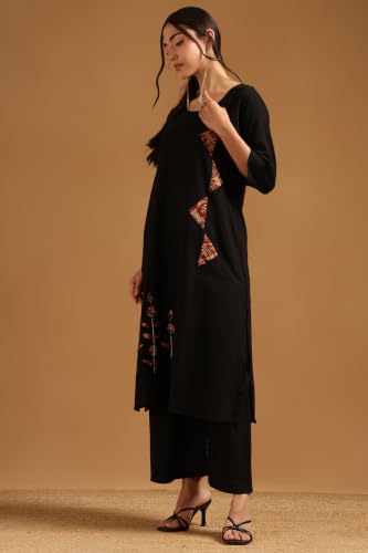 Soch Womens Black Cotton Flex Botanical Applique Kurta Set
