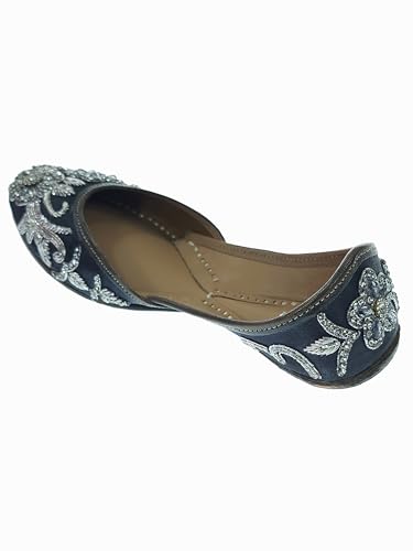 Fulkari Women Poppy Gunmetal Silver Soft Leather Embroidered Jutis | Bite and Pinch Free Jutti | Punjabi Formal Juttis | Girl's Wedding Flat Ladies Mojari | Formal Ethnic Juti | 41