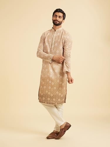 Manyavar Men's Cotton Blend Printed with Thread Embroidery Kurta Pajama Set (Fawn,XXL)
