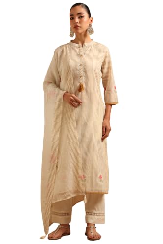 Soch Womens Mustard Linen Printed Stripes Hand Embroidery Salwar Suit