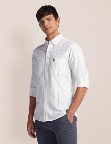 U.S. POLO ASSN. Mens White Striped Collared Neck Long Sleeve Men's Casual Shirts (USSHTFX0528_White_48)