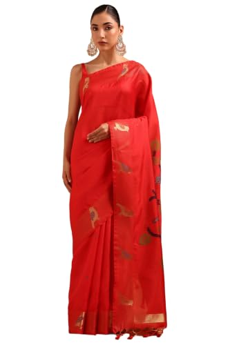 Soch Womens Red Tussar Zari Woven Bird Motifs Saree