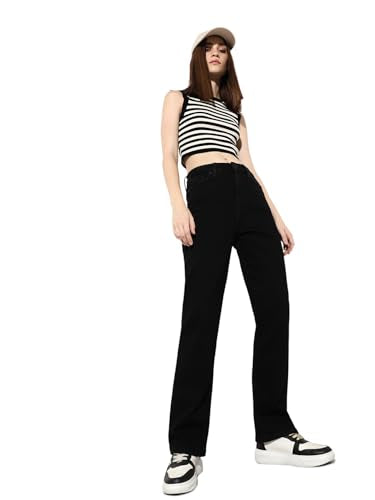 ONLY Women's Solid Straight Fit Mid-Rise Black Jeans