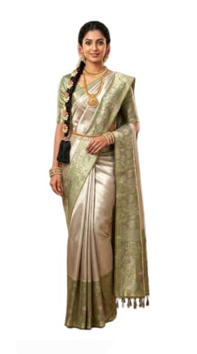 VFCollections Women's Traditional Handloom Kanchipuram Silk Pure Pattu Sarees | Rich Zari Woven Design | Bridal Saree | Unstitched Blouse (Vfc135-8), Pink,Green
