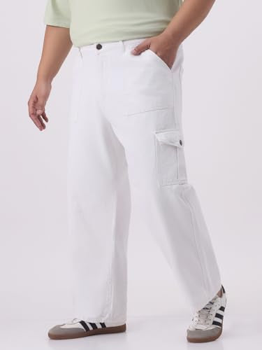 Urbano Plus Men White Mid Rise Loose Baggy Fit Cargo Jeans with 6 Pockets Non-Stretchable (plusjeanlscargop-white-38)