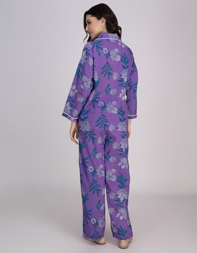 Moomaya Women's Cotton Printed Nightwear Set - Notch Lapel Shirt & Pajama Lounge Suit