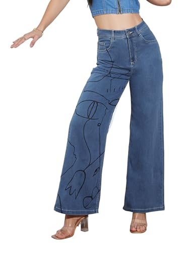 Miss Chase Women's Wide Leg High Rise Hand Painted Stretchable Denim Jeans (MCSS18DEN02-19-391-30, Hazy Blue, 30)