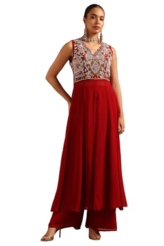 Soch Womens Red Georgette Botanical Salwar Suit With Beads And Stones
