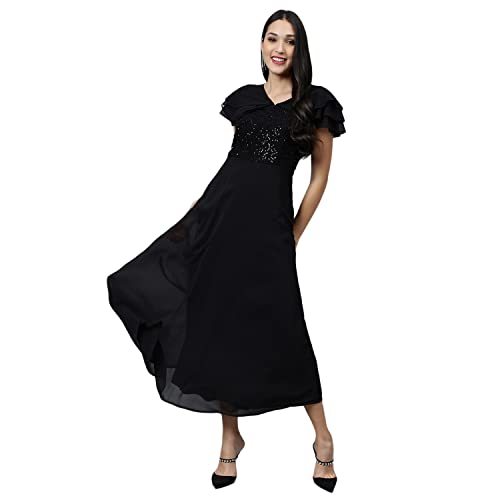 Latin Quarters Women's Black Half Sleeve Solid Maxi Dress