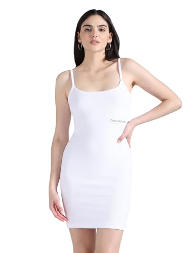 Calvin Klein Women's Cotton A-Line Above The Knee Dress (J221404YAF_White_S)