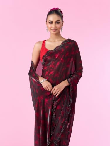 MOHEY Women's Organza Printed & Stone Work Saree with Blouse Piece (Rani)