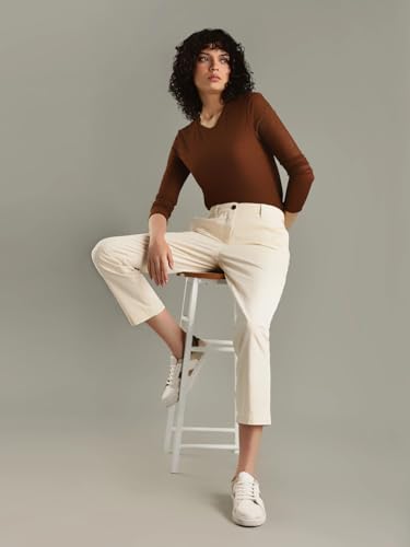 Slim Fit Solid Mid Rise Trouser Cream