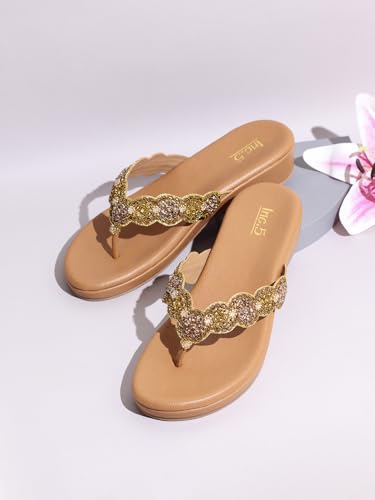Inc.5 Womens Golden Ethnic Embellished T-Strap Slip-On Flat Sandals